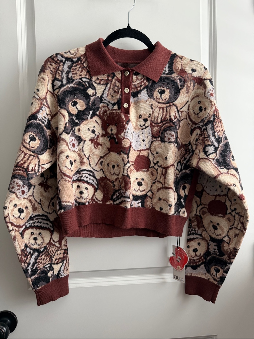 Cider Teddy Bear Polo Sweater in Brown and Cream